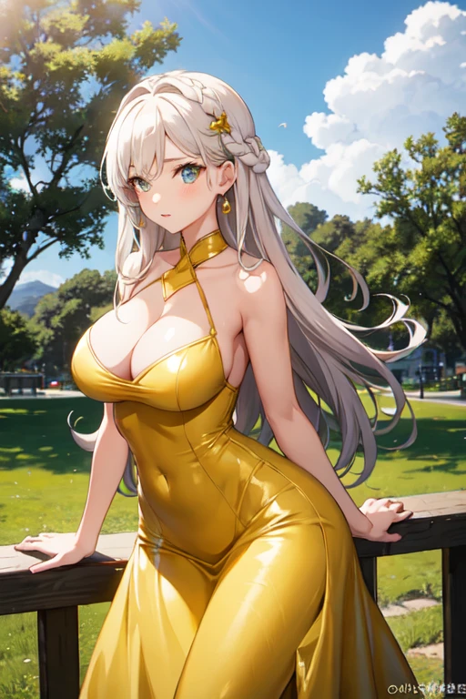 creates a 25-year-old anime girl with a yellow ball gown with wide hips and large breasts with a landscape of a park with tables