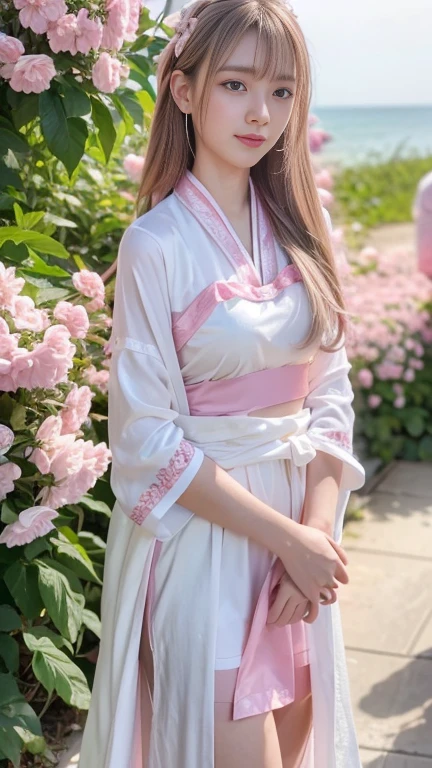 Extremely Detailed CG Unity 8k wallpaper,optimal lighting,super-detailed,best qality,Hi-Res,National style girl,pastel light,beautiful hair,Pink and white Hanfu costume,Open space,white silk,Bright Colors,He smiled,Stand in a sea of flowers