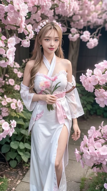 Extremely Detailed CG Unity 8k wallpaper，optimal lighting，super-detailed，best qality，Hi-Res，National style girl，pastel light，beautiful hair，Pink and white Hanfu costume，Open space，white silk，Bright Colors，He smiled，Stand in a sea of flowers