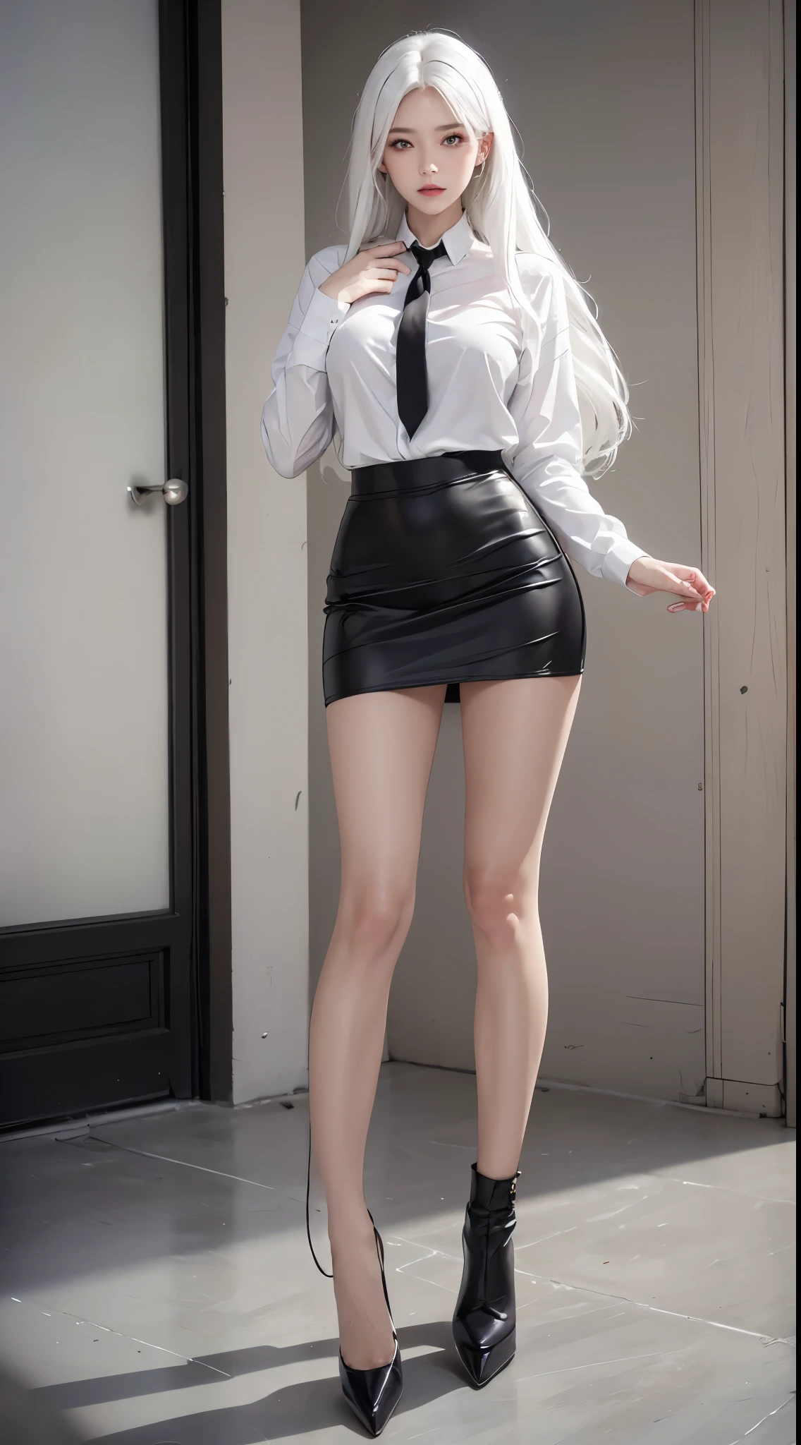 Photorealistic, high resolution, 1 woman, Hips up, Beautiful eyes, White hair, Long hair, ringed eyes, Collared shirt, black necktie,Black skirt, pencil skirts