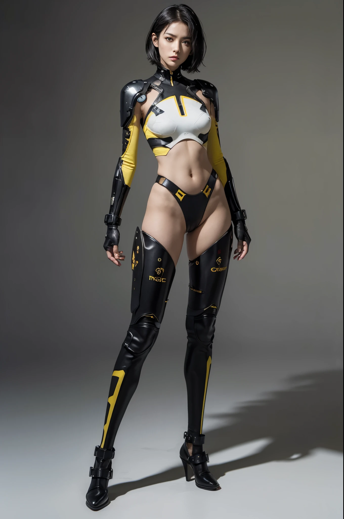 best quality, masterpiece, aesthetic, full-body dynamic pose high quality, 1girl punching, android, (yellow and black) upper armor, mechanical arms, short punk hair, black hair, white background, intense expression, looking at viewer, (simple background:1.4) a (giraffe pattern outfit) yellow and black outfit,sword,beautiful cyberpunk woman,cyberpunk angry gorgeous goddess,beautiful cyborg girl ,hyper realistic,intricate details,cinematic lighting,vibrant colors,award winning,stunning,masterpiece