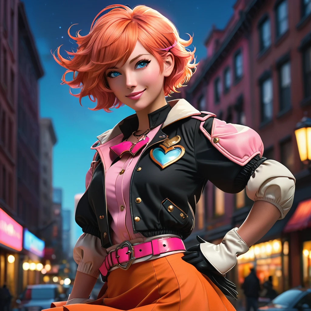 1girl,cowboy shot, beautiful nora_valkyrie, looking at viewer, smile, short hair, blue eyes,heart cutout, gloves, jacket, pink skirt, pink belt, short sleeves, puffy sleeves, single armband, fingerless gloves, orange hair, pink gloves, dynamic pose, night, outdoors, city, (volumetric lighting), best quality, masterpiece, intricate details, tonemapping, sharp focus, hyper detailed, trending on Artstation,