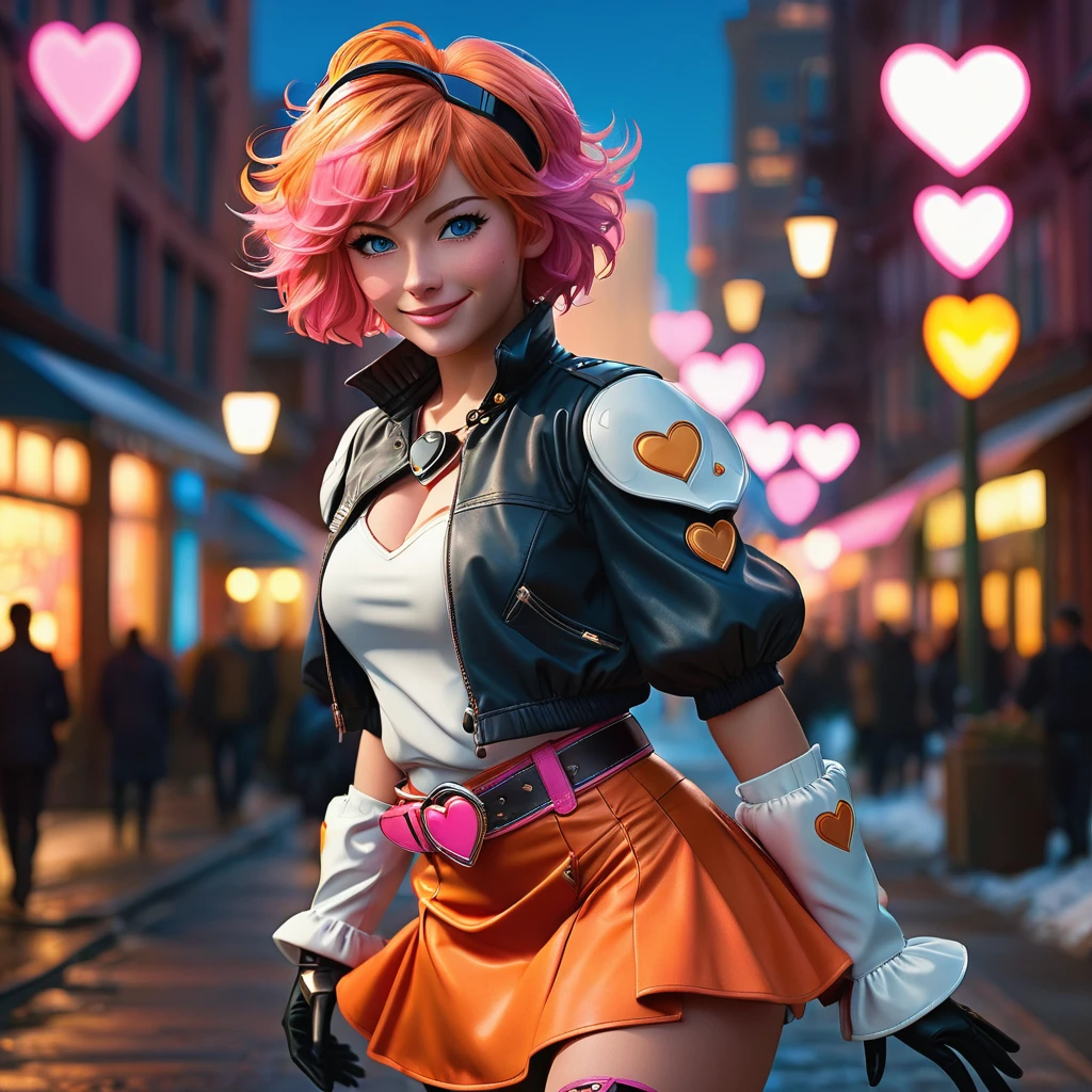 1girl,cowboy shot, beautiful nora_valkyrie, looking at viewer, smile, short hair, blue eyes,heart cutout, gloves, jacket, pink skirt, pink belt, short sleeves, puffy sleeves, single armband, fingerless gloves, orange hair, pink gloves, dynamic pose, night, outdoors, city, (volumetric lighting), best quality, masterpiece, intricate details, tonemapping, sharp focus, hyper detailed, trending on Artstation,