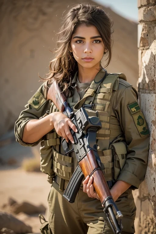 Masterpiece, a 20 years old beautiful arafed woman in a military uniform holding an AK47 rifle, chestnut hair, green eyes, slender athletic body, detailed eyes, a proud kurdish soldier, rojava, portrait of a female soldier, portrait of soldier girl, beautiful female soldier, kurdistan, of a sniper girl in war, holding an AK47 rifle, holding rifle, arms folded, portrait of a female ranger, portrait shot, by Arthur Sarkissian, determined face, with AK47 rifle, with AK47 rifle in hands, ultra high res.photorealistic:1.4, UHD, beautiful detailed Kurdistan landscape in the background