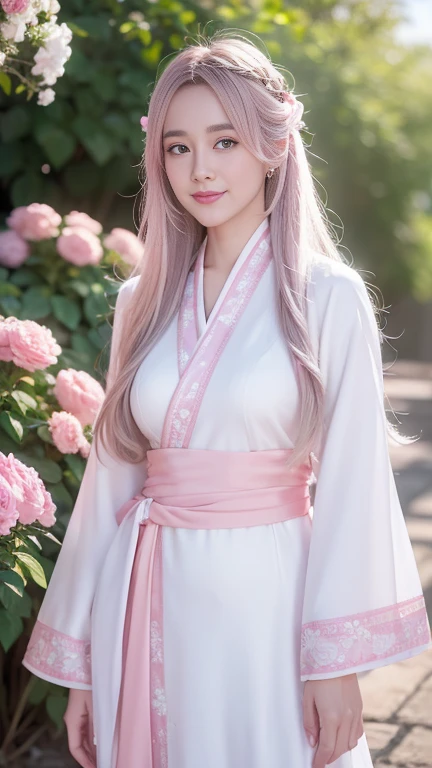 Extremely Detailed CG Unity 8k wallpaper，optimal lighting，super-detailed，best qality，Hi-Res，National style girl，pastel light，beautiful hair，Pink and white Hanfu costume，Open space，white silk，Bright Colors，He smiled，Stand in a sea of flowers