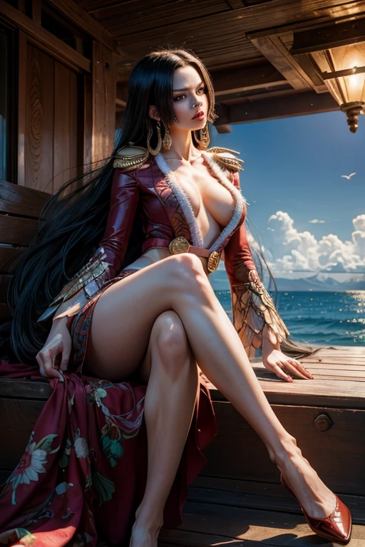 Empress Boa Hancock sitting on the deck of a luxury liner、Full body portrait、(8K,highest quality, masterpiece、Ultra-high resolution)、1 girl、(Delicate face、Detailed eyes and face、double eyelid、Heavy makeup)、Empress Boa Hancock costume、Highly detailed costume、Mature adult woman、bewitching and sexy woman、Confident face、A beautiful woman、Slim Waist、Sharp long legs、High-definition skin texture、Ocean、null、Wind、Realistic、Ultra-realistic、Dramatic lighting