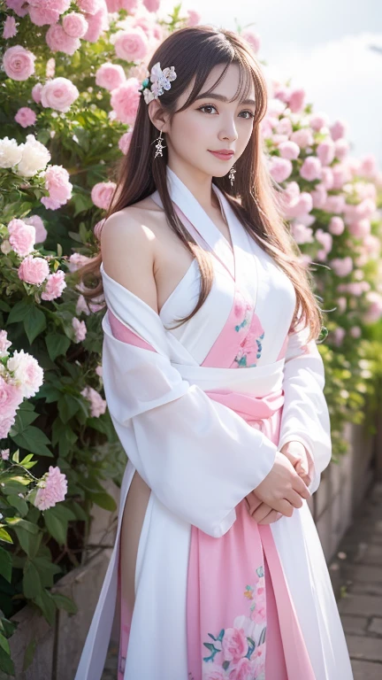 Extremely Detailed CG Unity 8k wallpaper，optimal lighting，super-detailed，best qality，Hi-Res，National style girl，pastel light，beautiful hair，Pink and white Hanfu costume，Open space，white silk，Bright Colors，He smiled，Stand in a sea of flowers