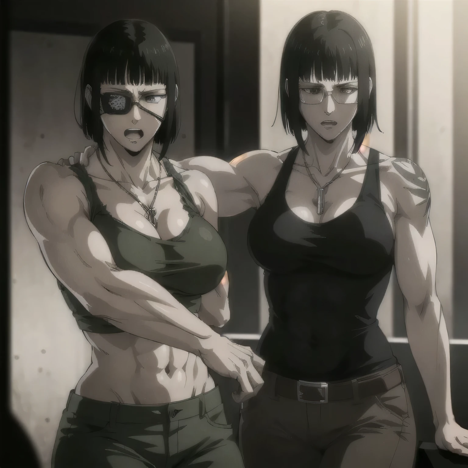 (best quality,ultra-detailed,realistic:1.37),musclaur badass girl with sculpted body have a tattoos wearing tank top and combat trousers, full review of the female character's face and body, intense expression, strong and confident posture, studio lighting, vivid colors, physiologically-based rendering, grungy texture, rugged background, dust particles in the air, commanding presence, professional, powerful, gritty aesthetics,Valmet،short hair,necklace,six-pack,eyepatch,handsome look,gym,Body lifting,Valmet prime muscles,sitting in chair,Kings session,1girl,leaning hand on neck