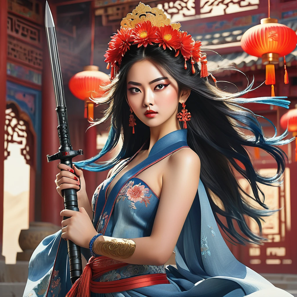Best quality, masterpiece, super detailed high resolution, (realistic: 1.4), watercolor style, illustration, dazzling background color,, 1 nude Girl Holding Weapon, (Solo Exhibition: 1.2), (Denim Lens: 1.2), (Hair Crown: 1.2), Chinese Dunhuang Traditional Costume, No Straps, (Red Eyeliner: 1.2), (: 1.4), Earrings, Dynamic Angle, Opera House, messy_long_hair, Ink, Movie Lights, lens_flare, Velvet, Chrysanthemum, Tassels, Ribbons, Color Embroidery,
