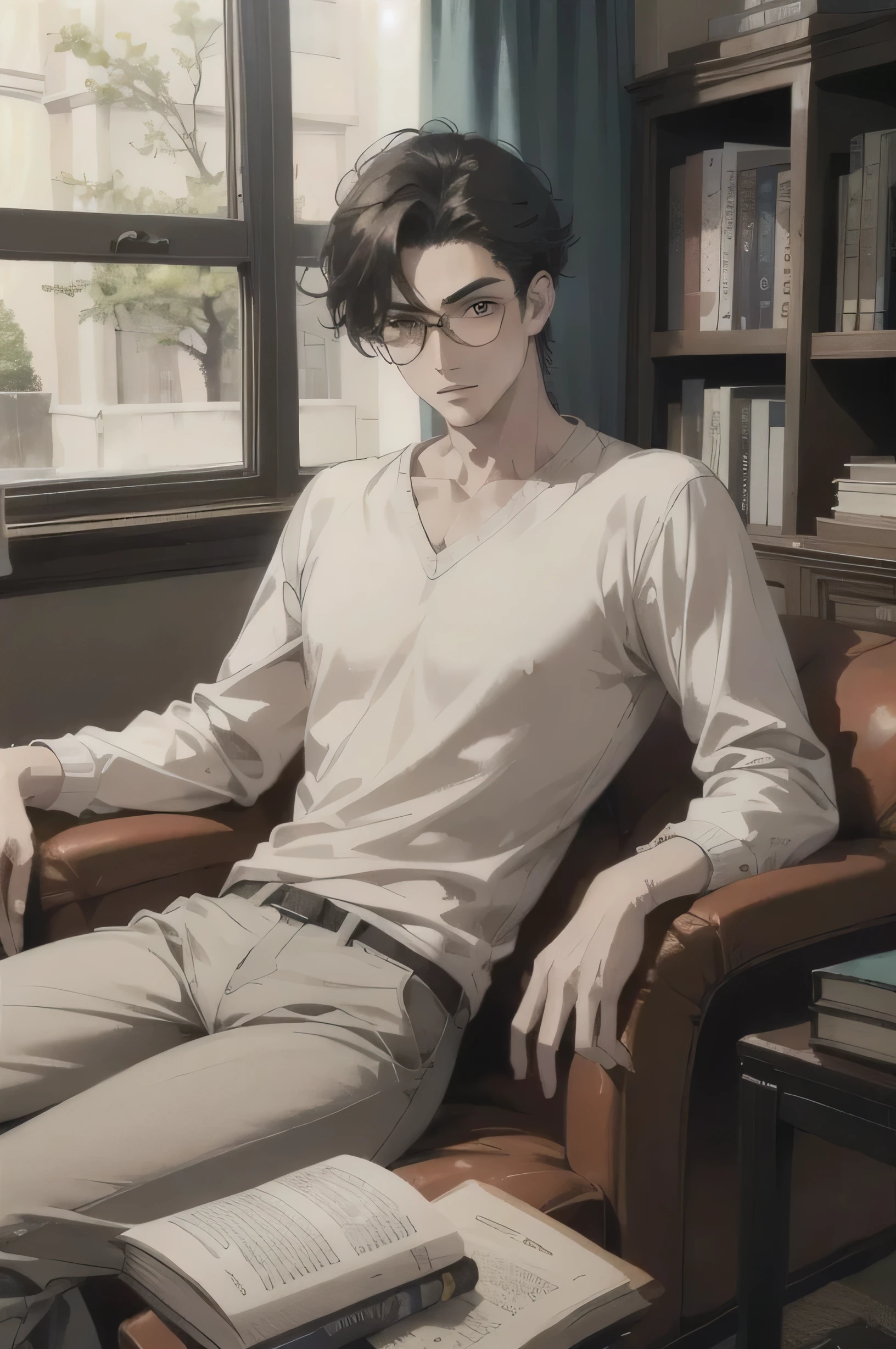 anime - imagen de estilo de un hombre sentado en una silla con un libro, pose de anime guapo, hombre guapo animado, chico guapo en el arte de Demon Slayer, estilo de hajime isayama, gama murata y artgerm, kentaro miura art, Retrato anime de un hombre guapo., personaje de anime masculino, chico anime alto con ojos azules, miura kentaro style