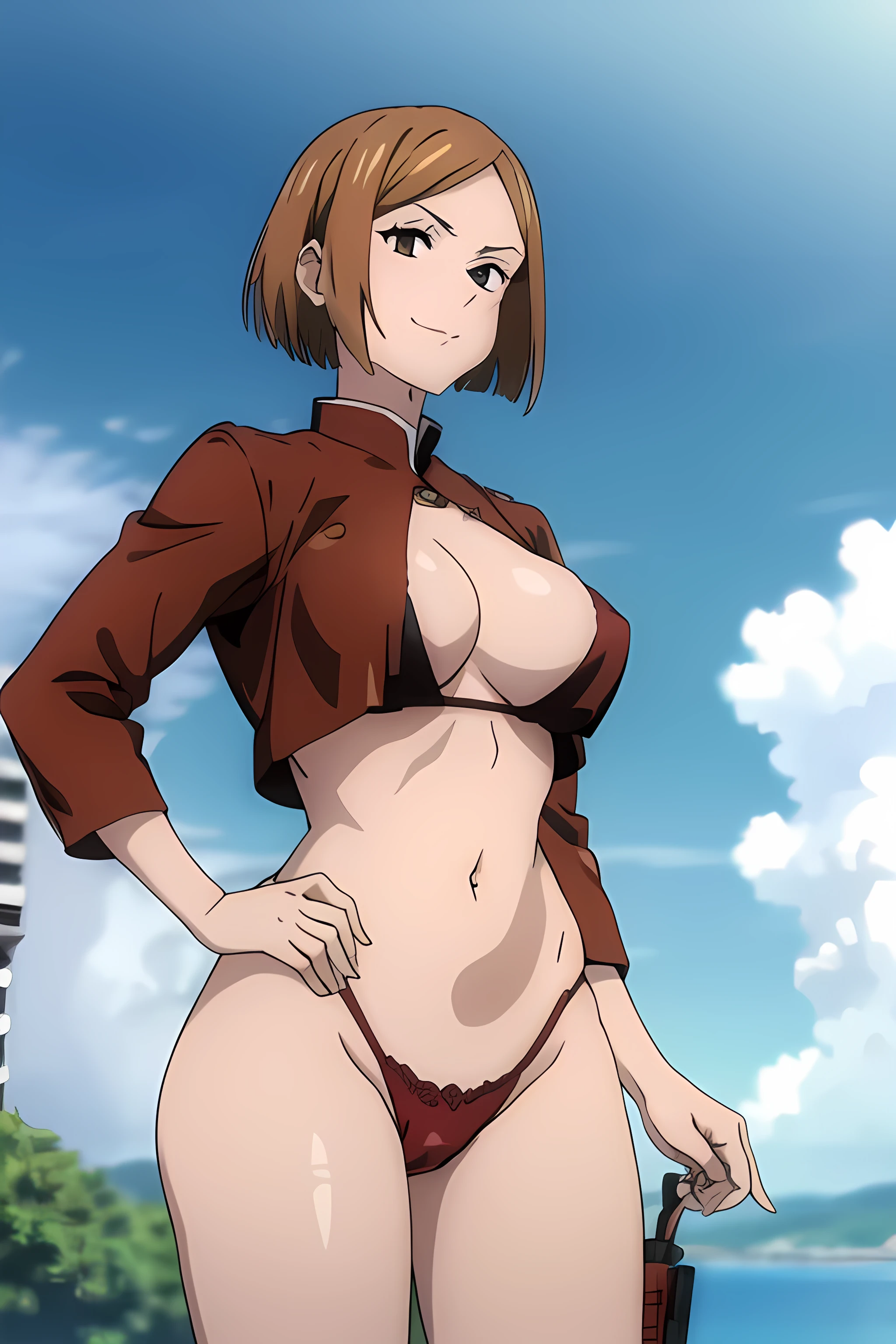 (extremely detailed CG unity 8k wallpaper), (masterpiece), (best quality), (ultra-detailed), (best illustration), (best shadow), (absurdres), 1girl, solo, pefrect face, perfect eyes, large breasts, shining breasts, standing, sfw, safe, nobarakugisakinova, nobara from jujutsu kaisen, nobara, short hair, light brown hair, close the camera, red lace bikini, looking into view, standing, smile, 1nobura