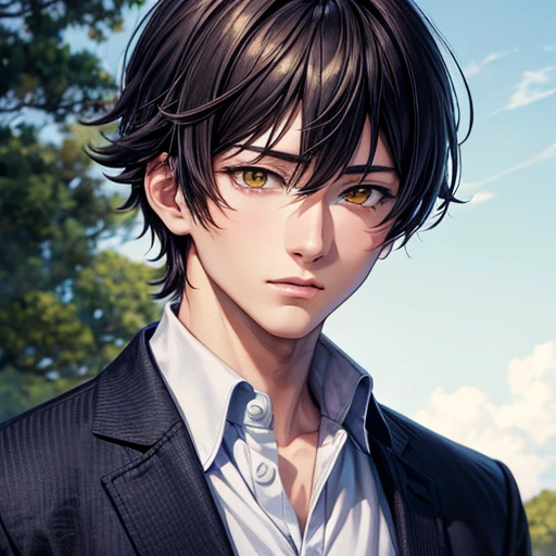 Anime boys，schoolboy，Read，The cover of the book has no content，A tree in the background, Guviz-style artwork, Anime portrait of a handsome man, Kawaii realistic portrait, young anime man, Anime style portrait, Anime cute boys, semi realistic anime, Digital anime illustration, Smooth anime CG art, anime realism style, anime portrait, realistic anime artstyle, semi realistic anime，quadratic element，Finger repair. yellow eye color . wearing a white shirt, blue to purple cardigan 