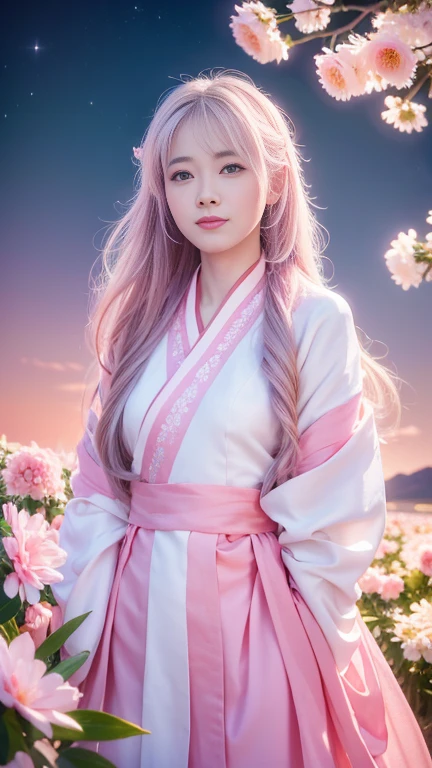 Extremely Detailed CG Unity 8k wallpaper,optimal lighting,super-detailed,best qality,Hi-Res,National style girl,pastel light,beautiful hair,Pink and white Hanfu costume,Open space,white silk,Bright Colors,He smiled,Stand in a sea of flowers