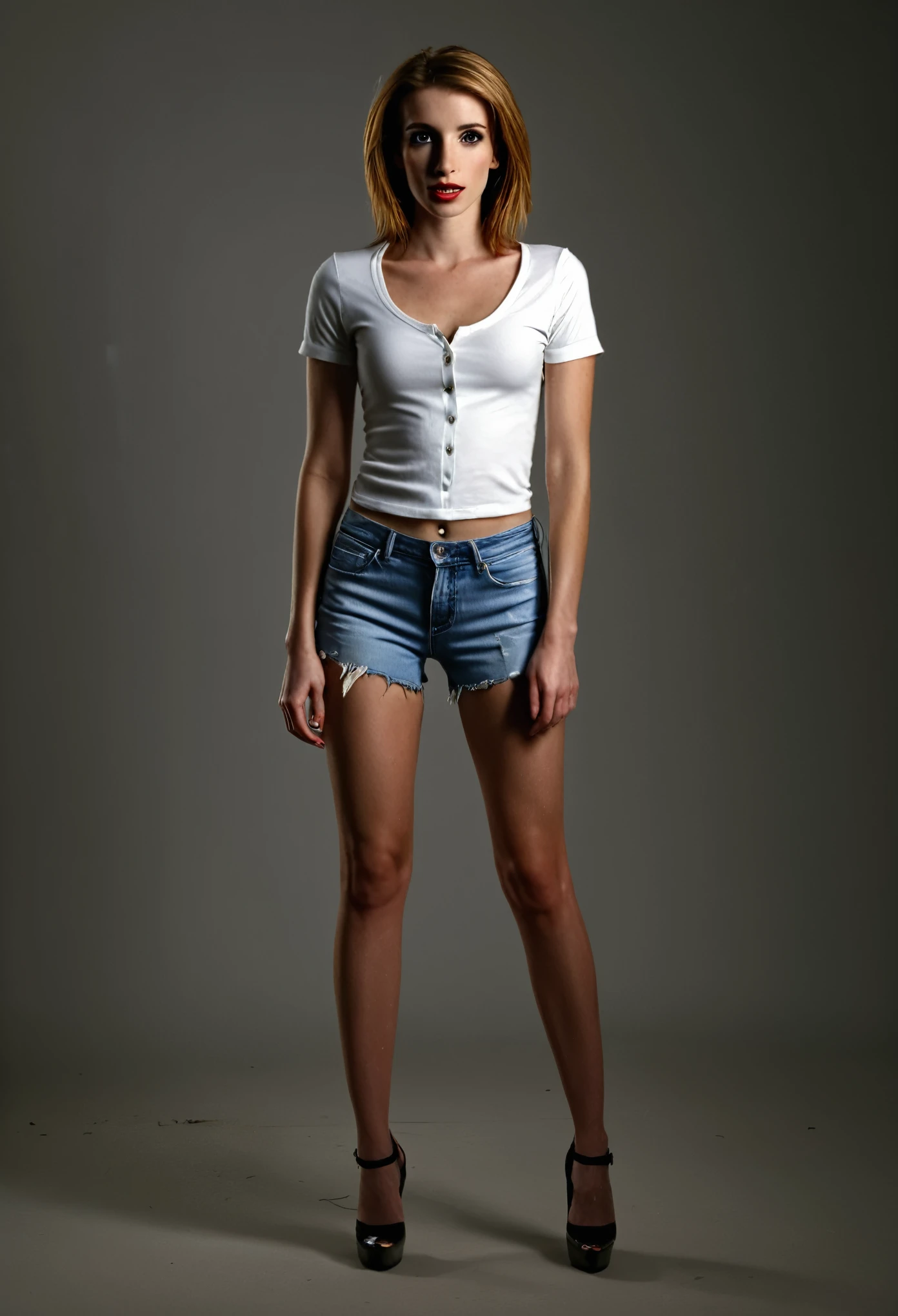 A hot anglo woman, long legs, natural makeup, natural hair, wearing a casual white tight shirt with u-neck short-sleeve, ripped denim micro shorts, stilettos, pushes chest,  plain background, chiaroscuro effect, Hasselblad 500c, professional photography, portrait, year 2000, hyperrealistic, depth of field, bokeh, dynamic posre 