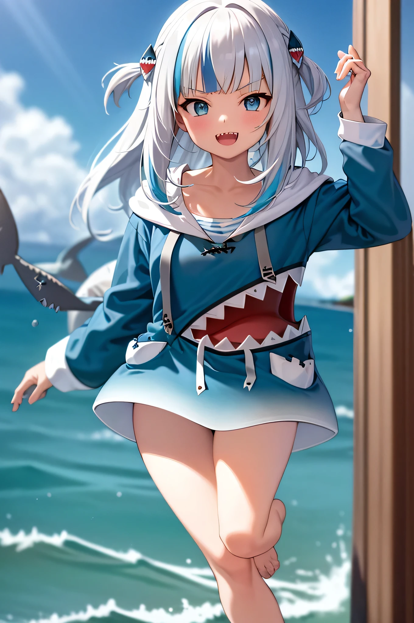 2d, masterpiece, best quality, anime, highly detailed, full body, 1girl, solo, gura_hoodie, blue hoodie, shark hood, standing, :d, sharp teeth, in_deep_sea_background , underwater_landscape,,bubble.happy,dynamic_floating_pose,rise_hands,open_legs, naked_legs,wet,claw_pose,tail,