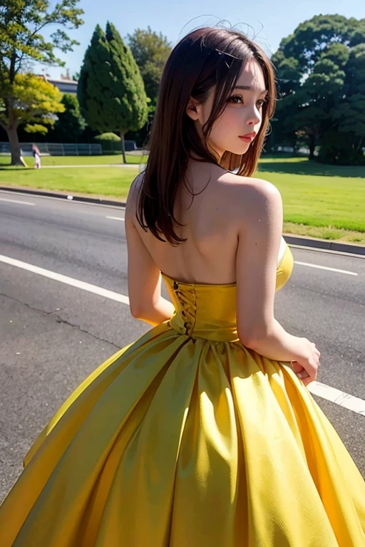 creates a 25-year-old anime girl with a yellow ball gown with wide hips and large breasts with a landscape of a park with tables
