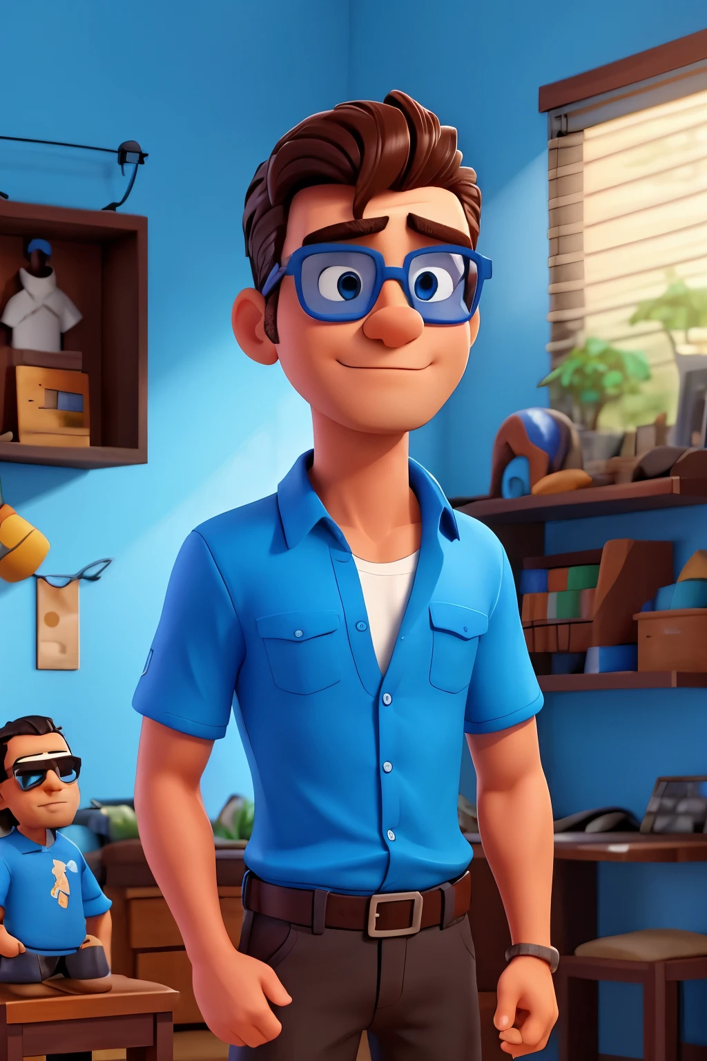 Homem alto, magro, com uma camisa social azul, rosto magro, sunglasses, cabelo baixo, no quarto, standing