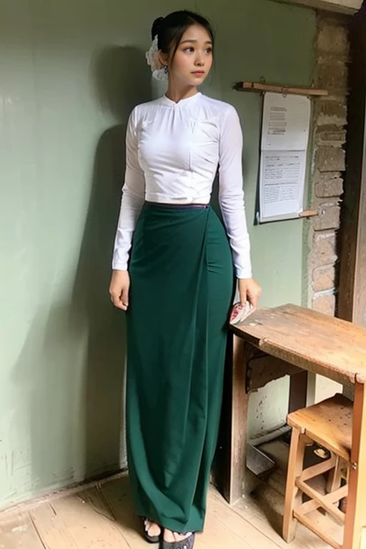 A school teacher is 30years old.Tall, thin, big hips, big breasts, black hair, small lips, brown eyes, attractive, K.Top=white Burmese blouse,With long sleeves,Buttoned at the side.Bottom=(Dark green) long skirt.
Footwear=female Burmese sandals,The hair is knotted bun.
