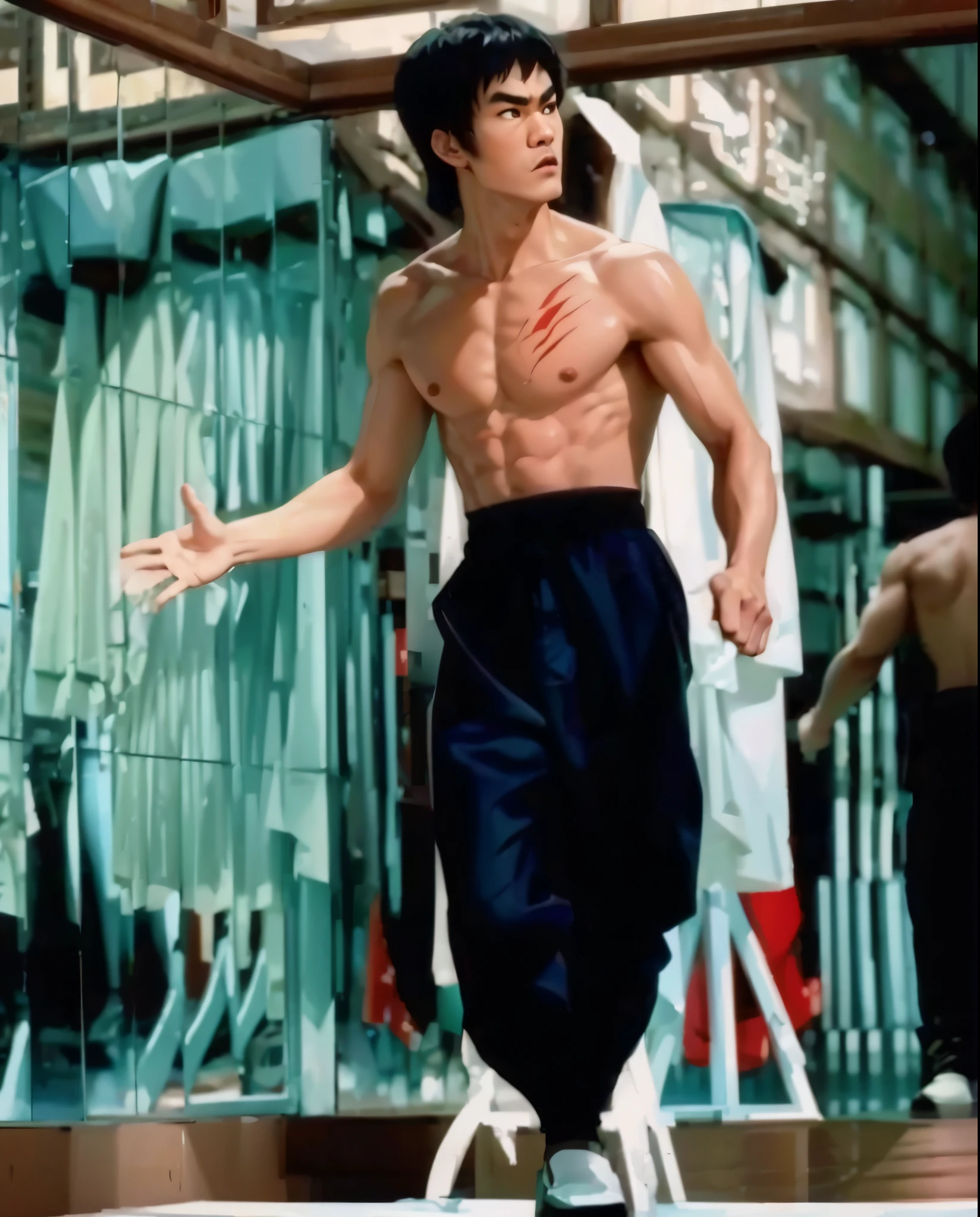Bruce lee,best results, very detailed, HD quality, very detailed,anime cartoon style,full color,cartoon fashion,realistic ,unreal engine 5,,very similar to the photo object, exactly the same as the example image,The results are very similar to the example photo, very similar