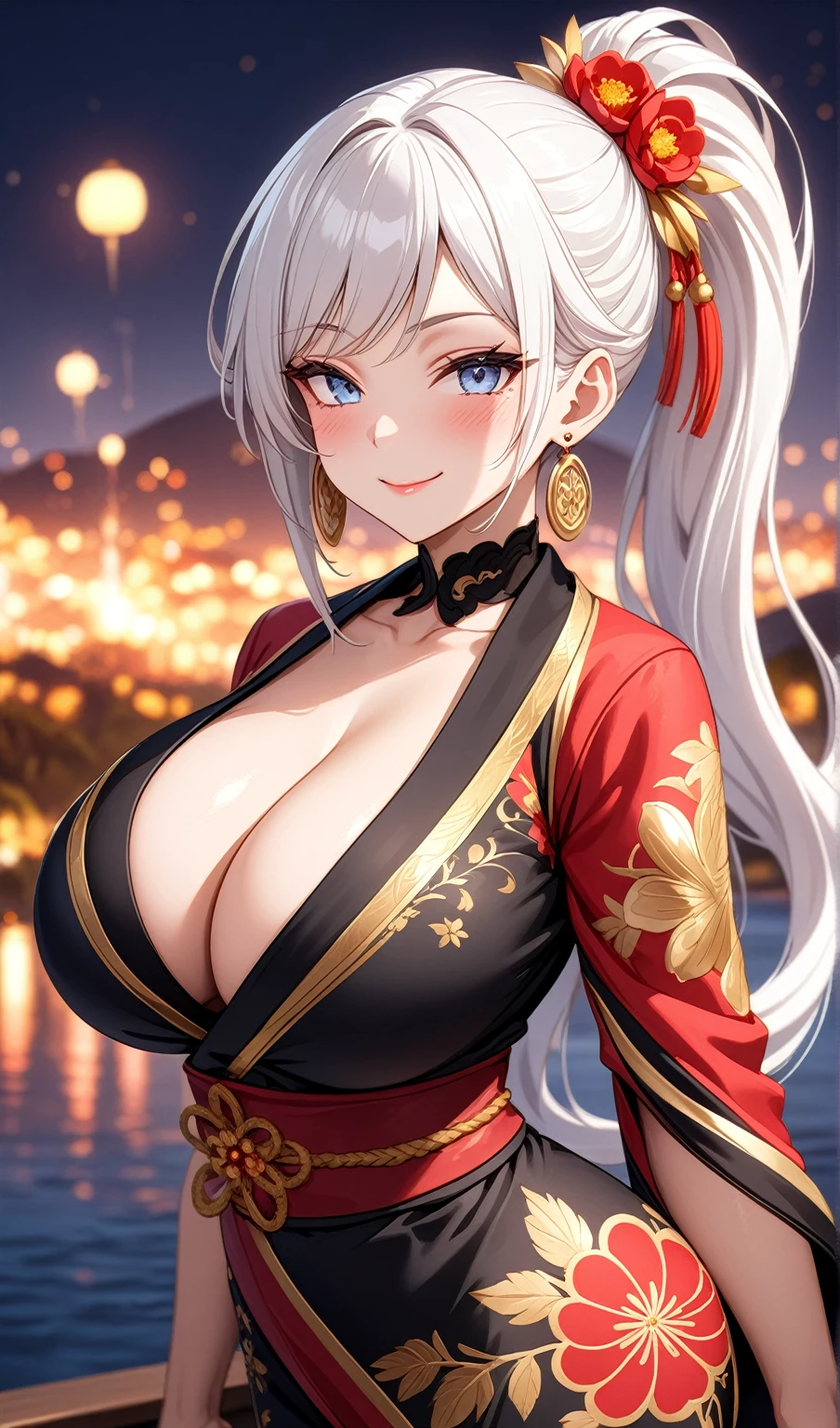 ((one personの女性)), Beautiful Face,Expressions of embarrassment and kindness,Laugh shyly,((Wink:2.0)),turn bright red,Glossy pink lips,night,Fireworks mountain,((Anime style background)),masterpiece, highest quality, so beautiful, up to date, Complex details, (Pink long nails),AI-generated, Complex,High resolution, highest quality, super high quality,3D Images、View your audience、3D Images,one person,Long white hair,High Ponytail,blue eyes,Anime woman posing for a photo, [[Fine grain、Colorful eyes、Shining Eyes:1.15]],(Squint your eyes:1.1),a hyperRealistic , hyperRealistic , Realistic,Long haired white haired anime woman, Smooth anime CG art, A woman in a colorful kimono with gold embroidery, (Black kimono),Red floral pattern,Long flower hair ornament,Big earrings,(Big Breasts:1.2),Mature Body,expensive,Big Ass,Fine details,Tight waist,Abdominal muscles,(Face close-up:1.5),