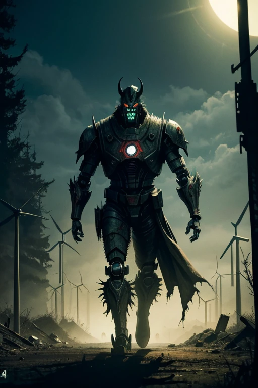 A robotic demon is walking ahead, green energy aura,evil dead, supernatural,highly detailed, 4k resolution, masterpiece,wasteland scenario, Druillet art,digital art