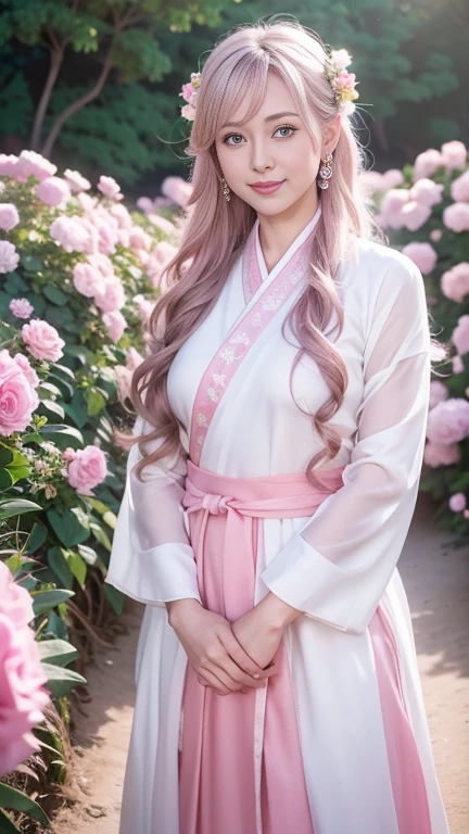 Extremely Detailed CG Unity 8k wallpaper，optimal lighting，super-detailed，best qality，Hi-Res，National style girl，pastel light，beautiful hair，Pink and white Hanfu costume，Open space，white silk，Bright Colors，He smiled，Stand in a sea of flowers