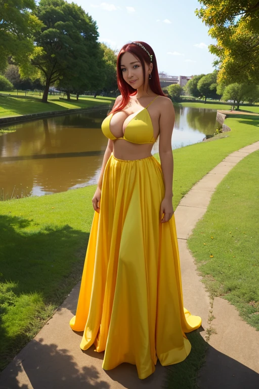 creates a 25-year-old anime girl with a yellow ball gown with wide hips and large breasts with a landscape of a park with tables