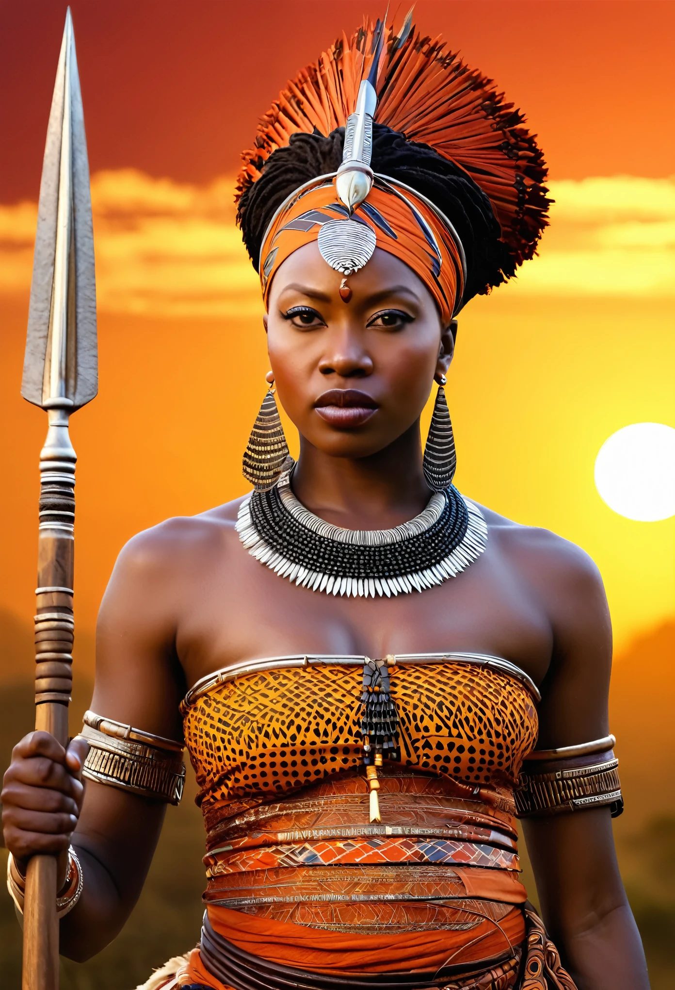 (masterpiece, UHD, highly detailed, hyper realistic skin, Queen Nzinga, (17th-century African warrior attire:1.2), adorned with tribal jewelry, fierce expression, wielding a spear, African savannah background, setting sun, (warm hues of orange and red:1.2), detailed textures, rich colors, imposing presence, full body view, looking at viewer, amazing details, highly detailed armpits, armpits hair,