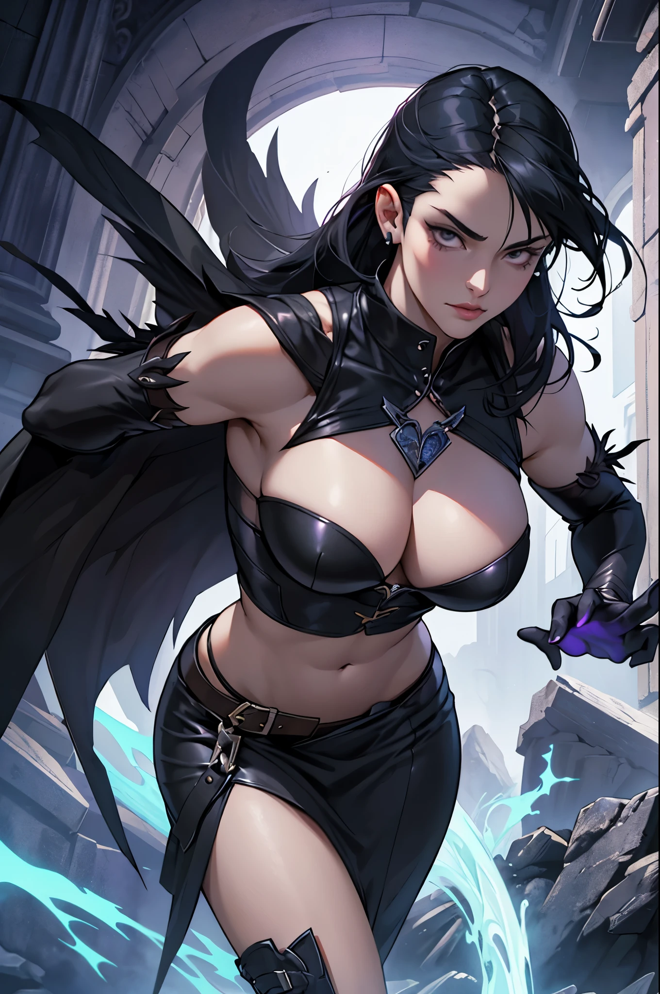 Illustrate Mara O'Connor (Morrigan) in an action pose. She is in the midst of summoning dark magic, with her long, fitted leather tunic with feather details and Celtic engravings flowing dynamically. Her deep grey, almost black eyes are focused and intense, and her long, straight black hair moves with her. Surround her with a dynamic, dark, ethereal aura with shadowy, crow-like forms and a dark purple and silvery hue to showcase her connection with Morrigan and her powerful presence.