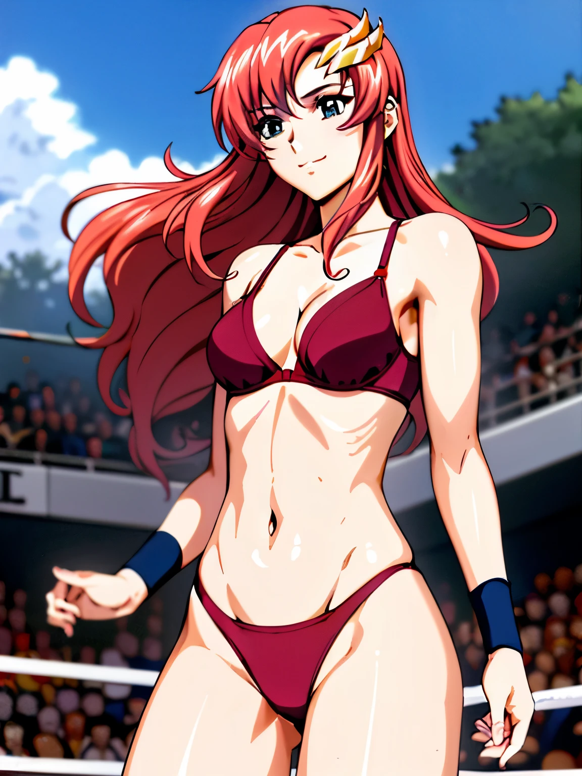 lacus4, (red bikini, running, thong, thin girl, masterpiece, cowboy shot, very slim shoulders, 4K, Best Quality, Anime style: 1.9, happy, Adult Woman, (ultra detailed head), (wrestling arena with crowd, cloud background), Drawing lines, high resolution, lacus4), 1girl, Solo, curvy figure, Long hair, clavicle, scapular, (Detailed wide hair bangs, Hair Ornament, Detailed reddish-pink hair, shiny streaks, slim arms, detailed golden crest), cleavage, large hands, (hair cover shoulders). (Big blue eyes, shiny eyes), ((female wrestler, (slim body), slim arms, closed fists, thighs)), ((perfect proportions, medium-small breasts, medium thighs, long belly)), ((totally red bra)), smile with a wink, (standing, hot colors), detailed fingers, (bare shoulders)