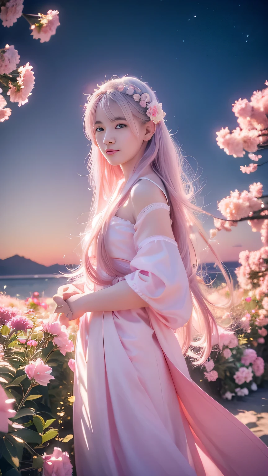 Extremely Detailed CG Unity 8k wallpaper,optimal lighting,super-detailed,best qality,Hi-Res,National style girl,pastel light,beautiful hair,Pink and white Hanfu costume,Open space,white silk,Bright Colors,He smiled,Stand in a sea of flowers