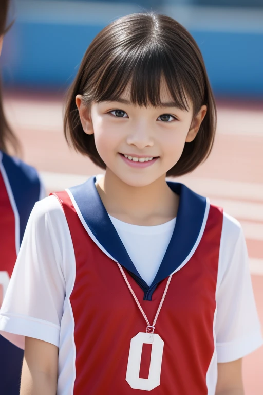 Neat and clean elementary school girl, Small person々,Full body photo、Pixie Cut Hair、(Track and field uniforms:1.4)、 (slim, small, flat, small), Black Hair, Realistic portraits, detailed, detailedな肌の質感,  Delicate clavicle, smile, (10-year-old girl)、Delicate eyebrows、Short neck、Professional photography、(Looking at the audience.)、(Unique and beautiful girl)、30mm prime lens、Soft Focus、Narrow eyes、