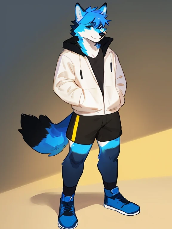 By bebebebebe, by lostgoose, by goonie-san, alone, man, wolf, blue and white fur, blue eyes, black and yellow shirt and jacket, shorts, standing, facing viewer, ((blue hair alborotado with yellow and black, anthro furry)),cabello,pose,