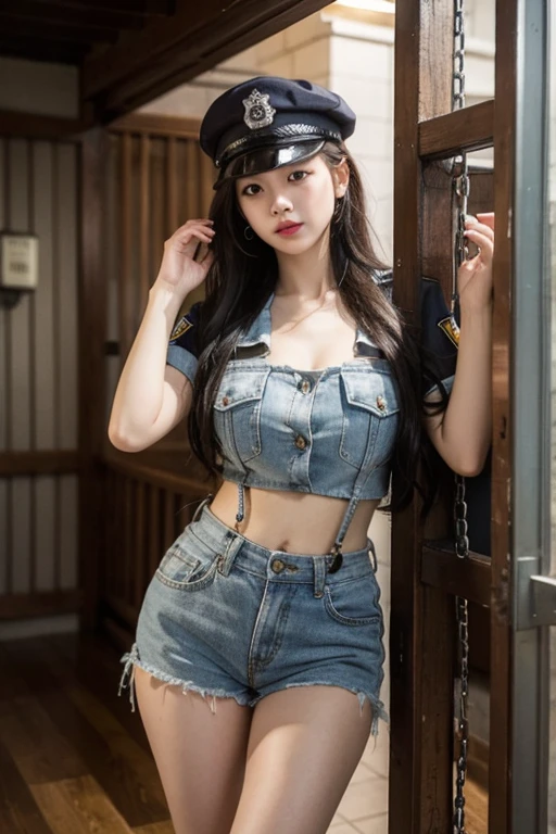 Highest image quality，Outstanding details，one korean girl，Female prison guard，She wears a sexy police uniform，Suspenders，Lace，In prison，Prison cage background，dim murky lights，Chains，rusted，handcuff，Police badge，wear police cap，Highly detailed police equipment，frontage，fully body photo，tall image，Look from the bottom up，look from down, looki at viewer