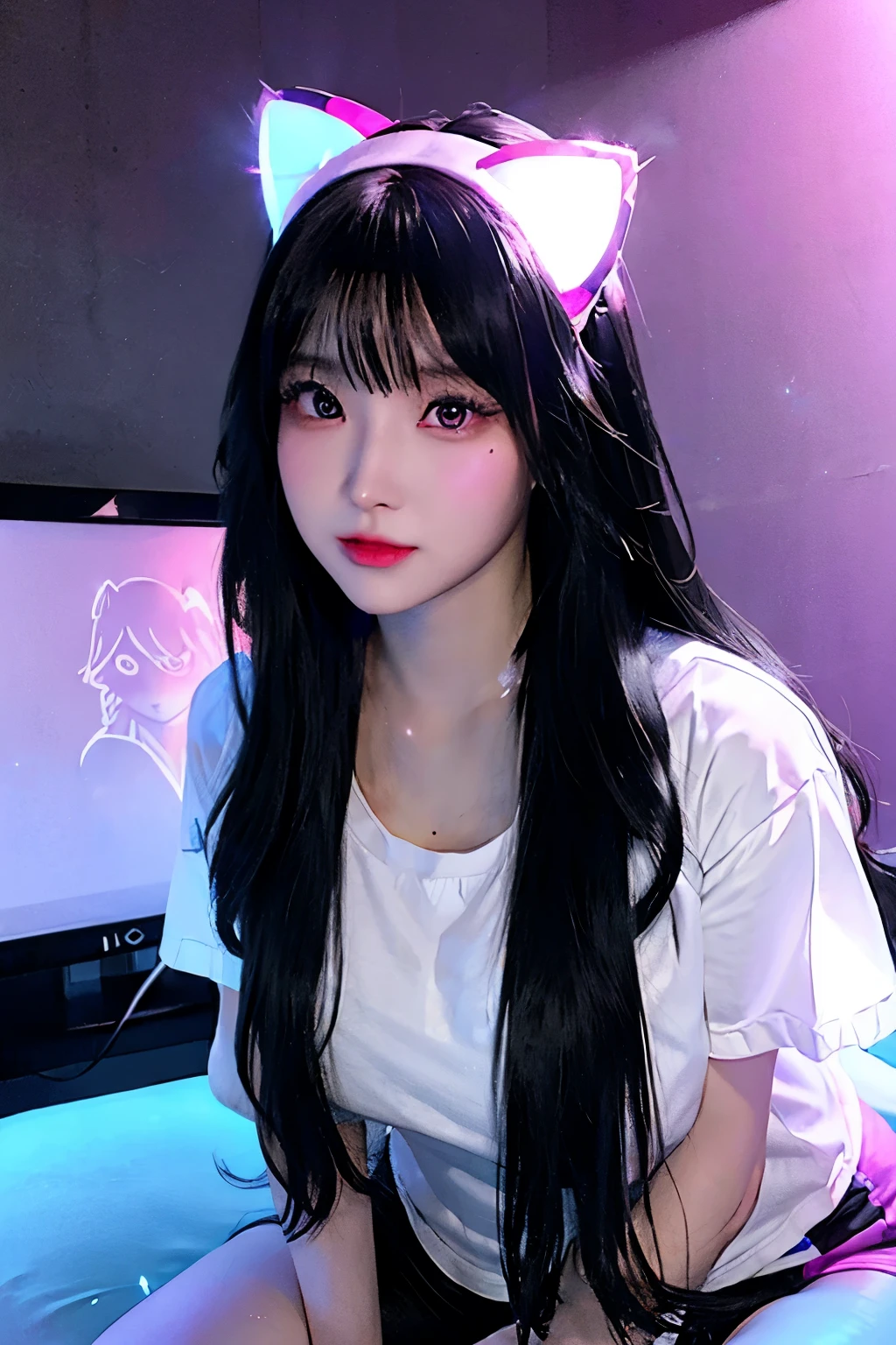 Promiscuous woman、Paradise、Hotel、Black straight long hair、Shining neon lights、Video game room、Sitting in a gaming chair、Girls playing games、glowing keyboard、glowing cat ears、(((UV Light、white shirt that glows under black light)))、Big ample breasts、Big cleavage、Hot pants in satin fabric、Detailed eyes、Detailed face、Distributor