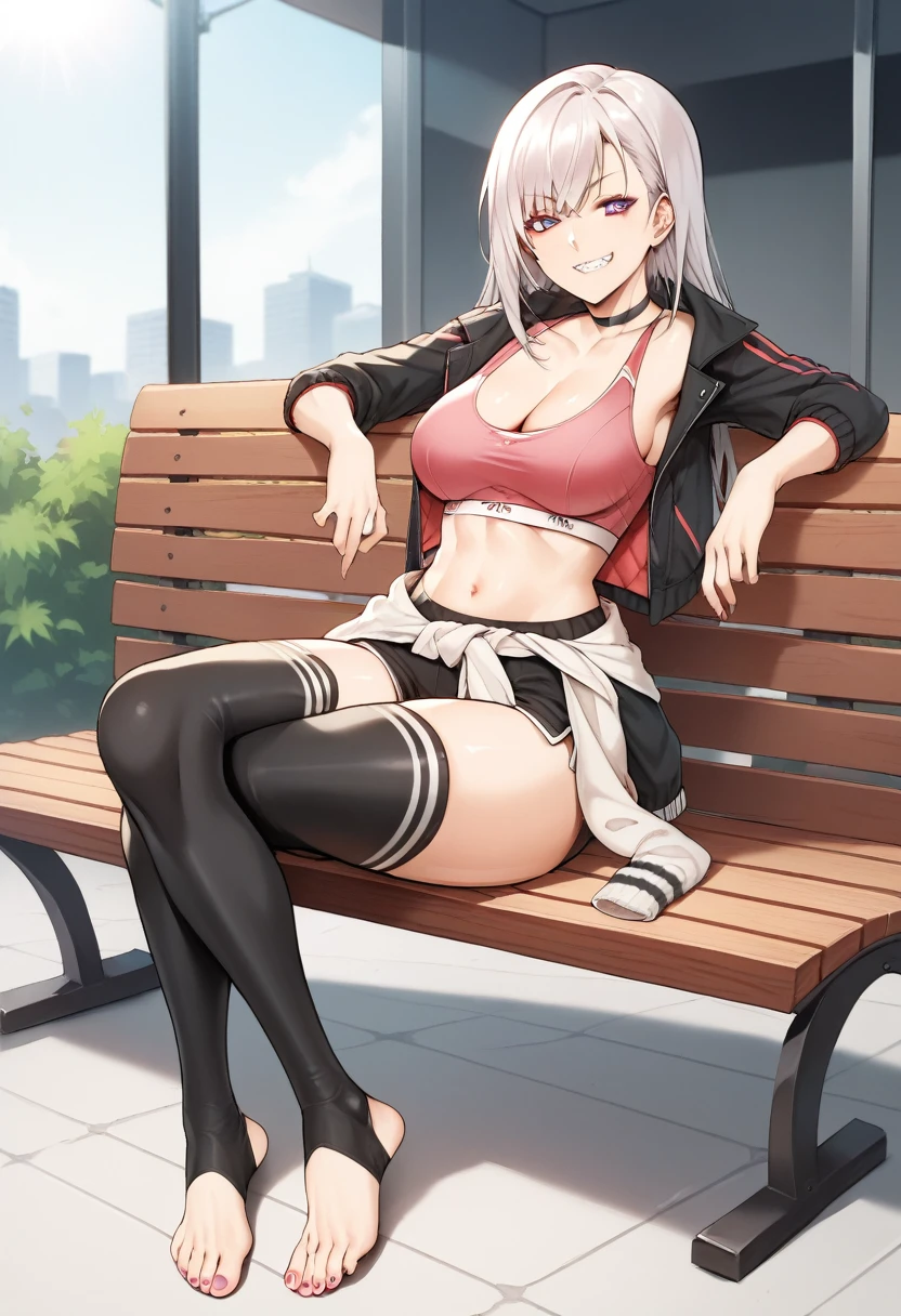score_9,score_8_up,score_7_up,rating_explicit, source_anime, 1girl, toes, sitting, toenails, toeless legwear, feet, crossed legs, toenail polish, long hair, lothes around waist, smile, looking at viewer, bench, black thighhighs, cleavage, smirk, underwear, sports bra, black choker, medium breasts, teeth, pink bra, barefoot, collarbone, stirrup legwear, jacket around waist