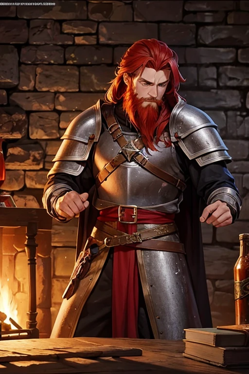 fantasy medieval warrior, in a dungeon, male beard and red hair