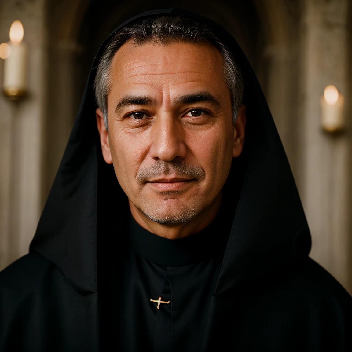 Create photo portrait of a very religious handsome and friendly middle-aged priest.