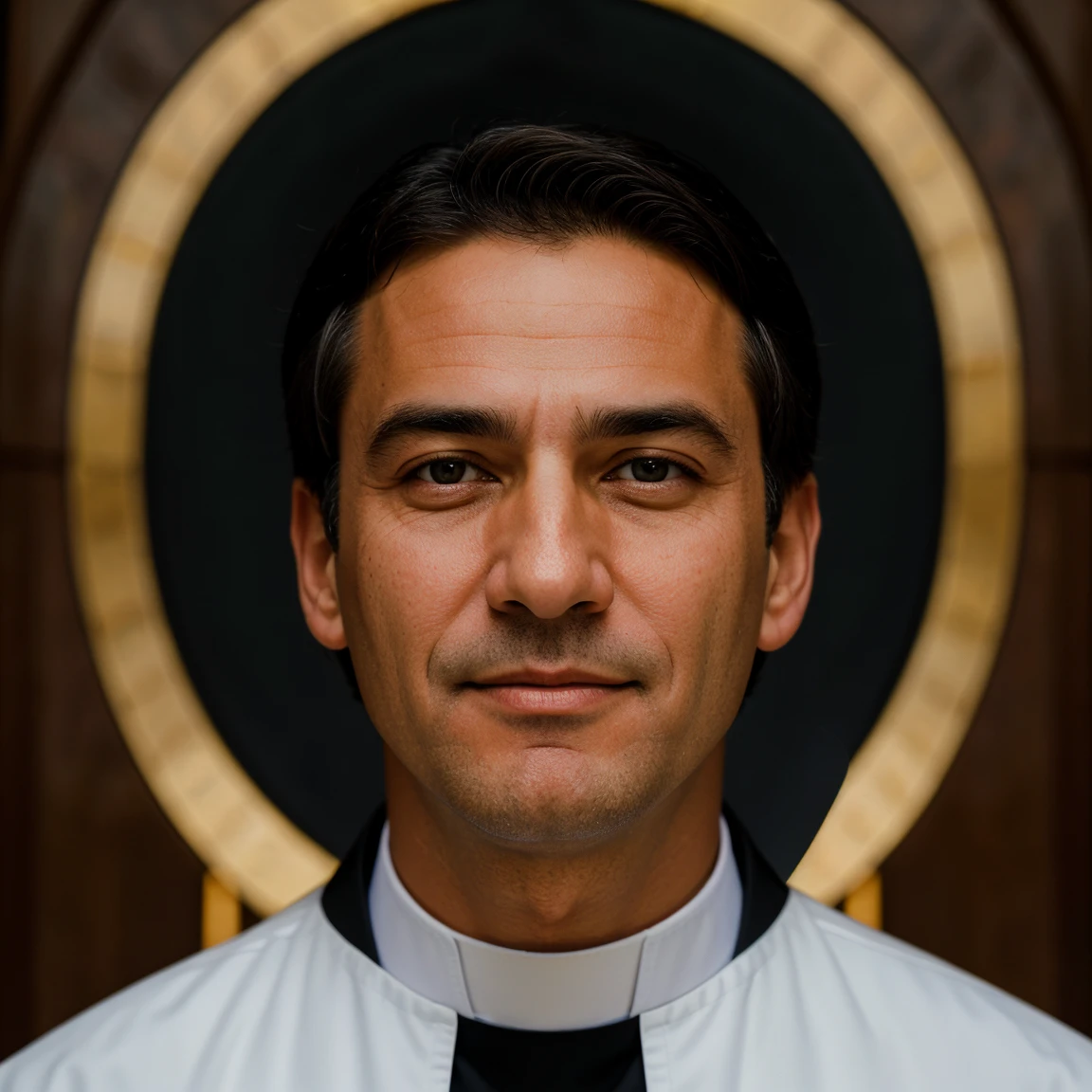 Create photo portrait of a very religious handsome and friendly middle-aged priest.