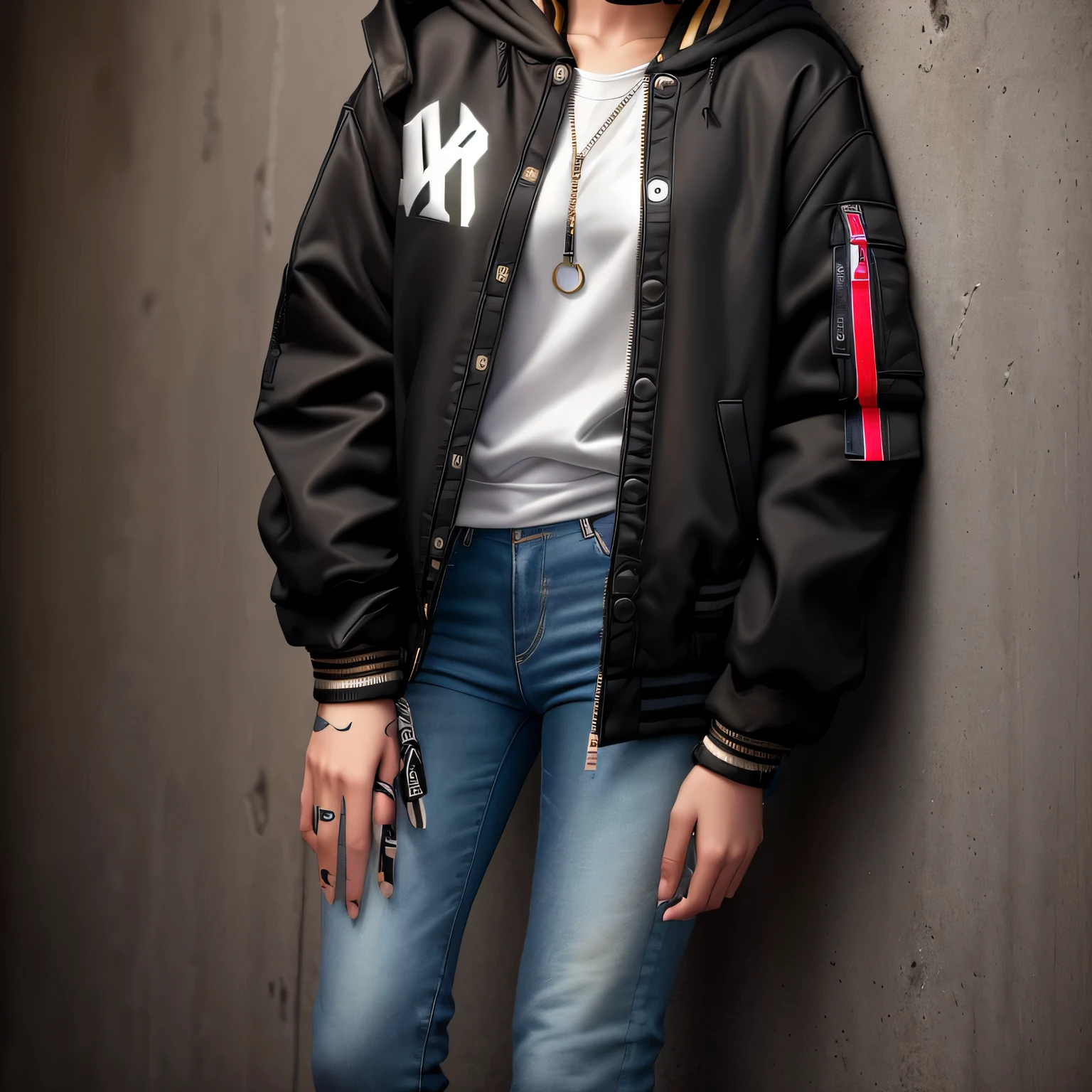 there is a young girl standing against a wall wearing a jacket, wearing a bomber jacket, she is wearing streetwear, wearing jacket, outfit photo, outfit photograph, jeans and a black hoodie, edited in photoshop, male teenager, full body picture, full body photogenic shot, woman in streetwear, wearing casual clothes, wearing off - white style, wearing casual clothing