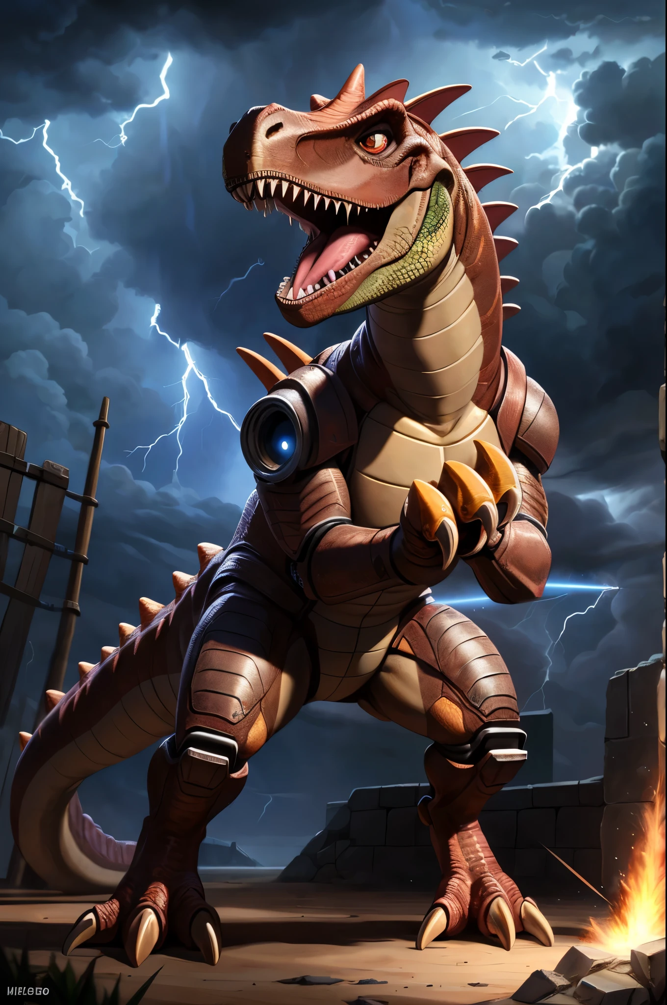 (((dinosaur character, full body, cinematic setting, lizard male))) cyborg

Here I come, drop your jaws to the floor
I'm riding on my (((mighty laser-shooting dinosaur))) 
Here we come, can you hear him roar?

Prepare for epic fight and his (((laser missiles)))
The sound is boom, boom, boom for every time a goblin dies
Let's sing now, here we go, hear my battle cries

(((Made of metal))) from the moon
Assembled by samurai
His battery gets (((charged by thunderstorm)))
With most advanced AI
Devouring trolls and unicorns
From his maw there comes a flame
Burning away our enemies
And therefore we proclaim

BREAK, detailed background of warzone, 8K, (masterpiece:1.5), intricate details, highly detailed, extreme detail, octane render, fine art, best quality, highres, (detailed face:1.5), ((full_body)), UHD, (((perfect hands))), low light