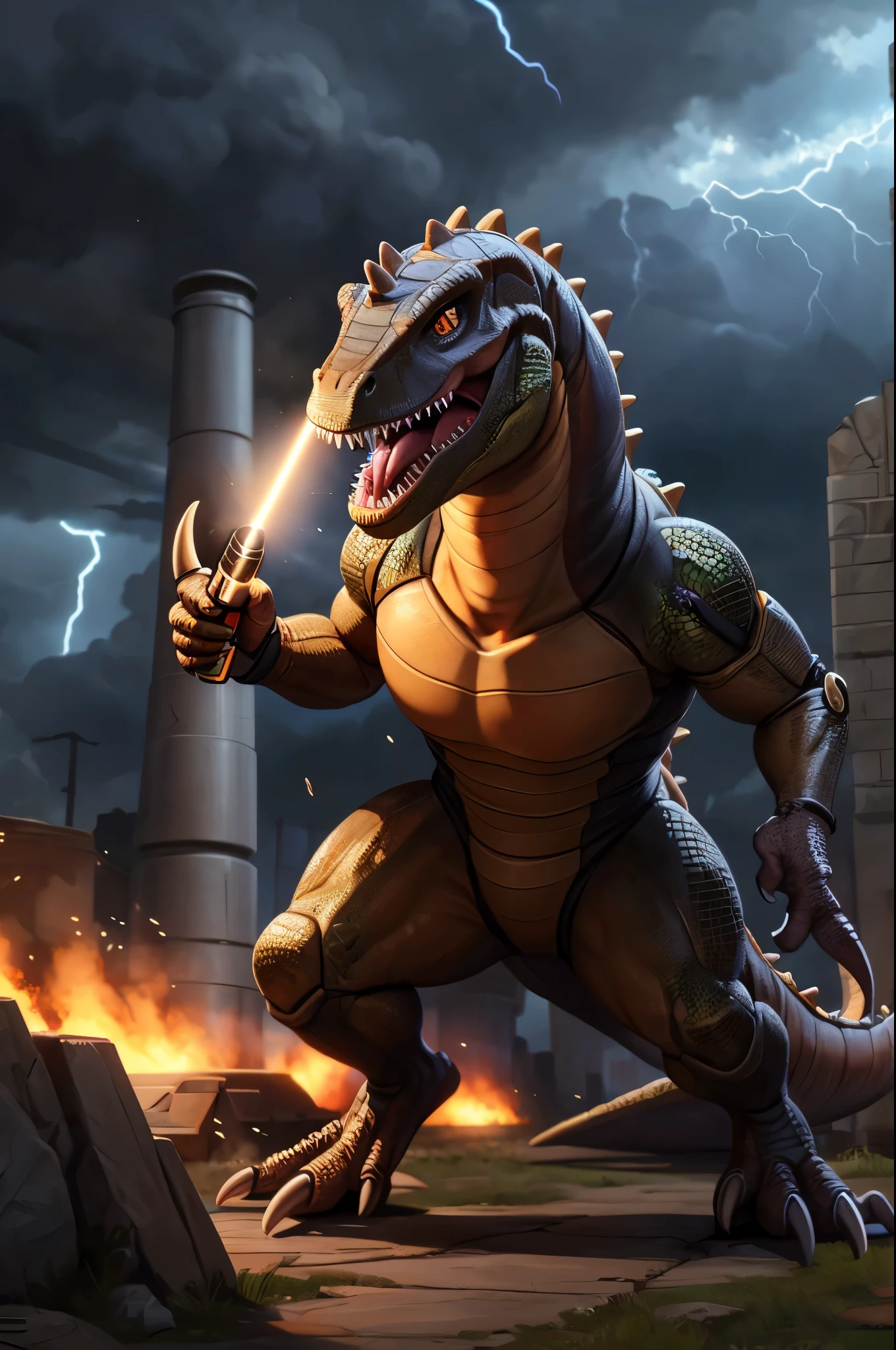 (((dinosaur character, full body, cinematic setting, lizard male))) cyborg

Here I come, drop your jaws to the floor
I'm riding on my (((mighty laser-shooting dinosaur))) 
Here we come, can you hear him roar?

Prepare for epic fight and his (((laser missiles)))
The sound is boom, boom, boom for every time a goblin dies
Let's sing now, here we go, hear my battle cries

(((Made of metal))) from the moon
Assembled by samurai
His battery gets charged by thunderstorm
With most advanced AI
Devouring trolls and unicorns
From his maw there comes a flame
Burning away our enemies
And therefore we proclaim

BREAK, detailed background of warzone, 8K, (masterpiece:1.5), intricate details, highly detailed, extreme detail, octane render, fine art, best quality, highres, (detailed face:1.5), ((full_body)), UHD, (((perfect hands))), low light