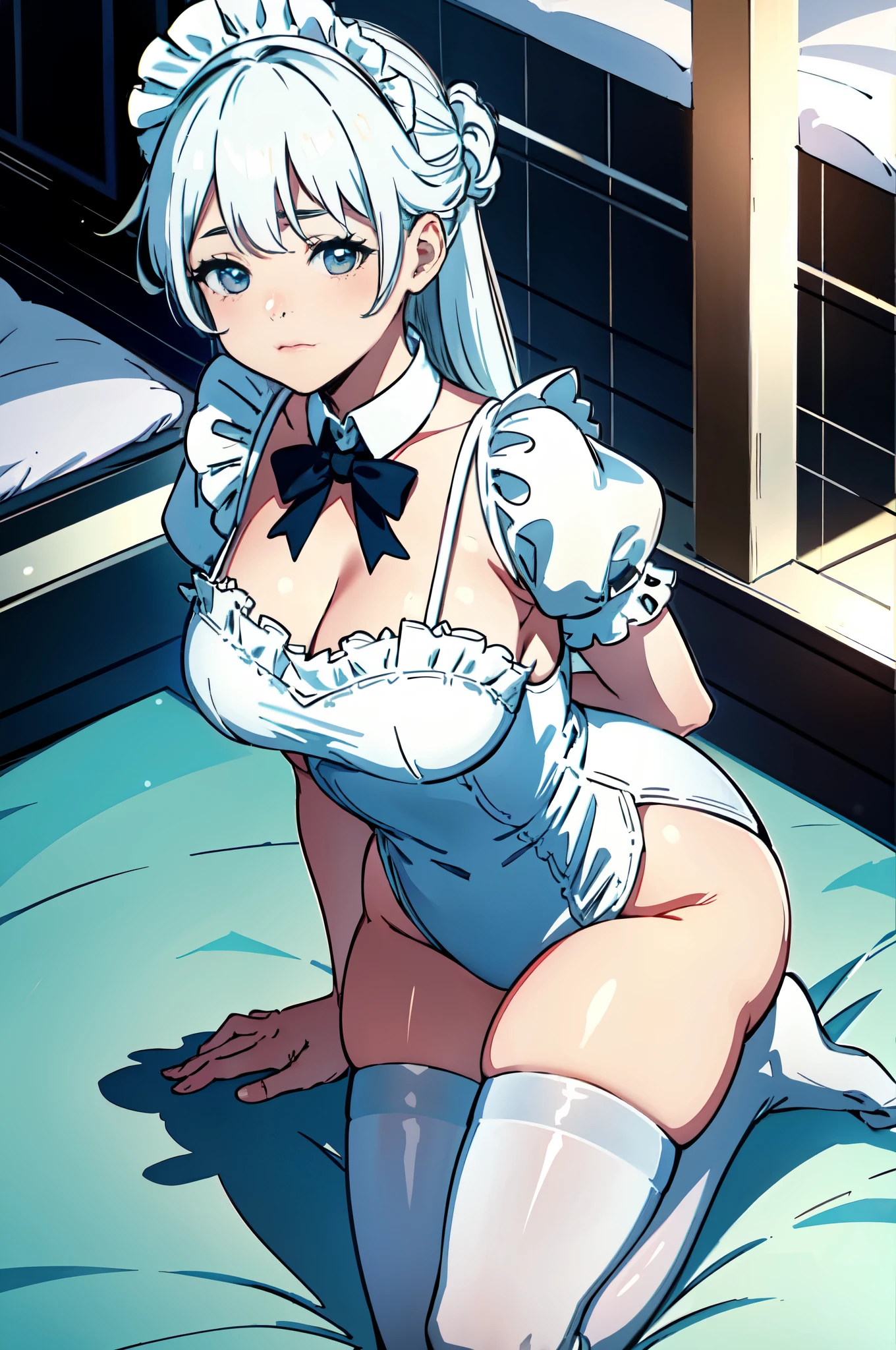 Delicate and cute face, white stockings, kneeling, thicker thighs, maid outfit, white hair, in bed, 8k, details sun exposure, snow-white skin, best quality, escenografia clara blanca hueso