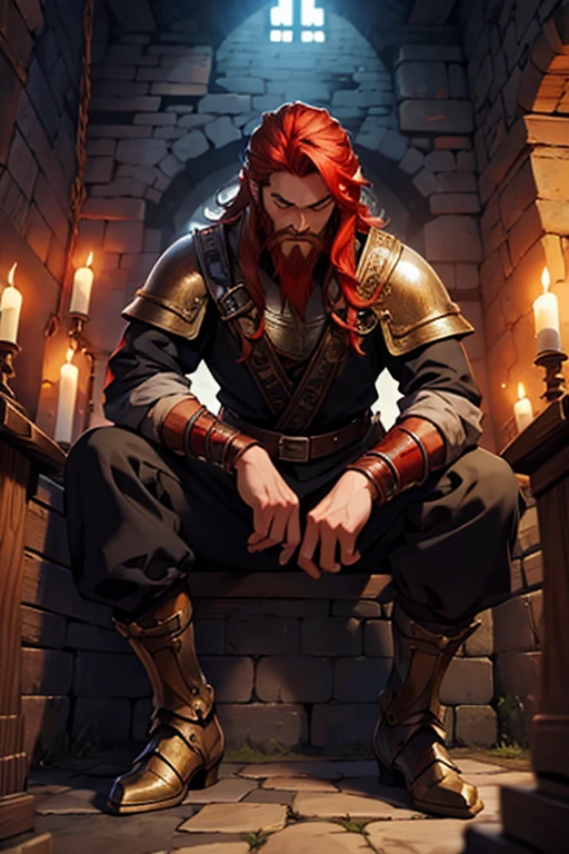 fantasy medieval warrior, in a dungeon, male beard and red hair