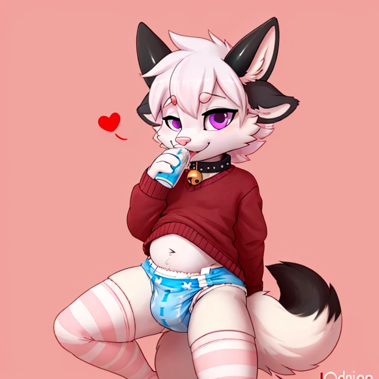 Anthropomorphic male crimson fox with pink nose black ears, horns, two tails and purple eyes, solo, wearing a diaper, a short pink sweater, pink thigh high socks with white stripes and a collar with a bell, kids diaper, looking at viewer, half eyes closed, digital art, no background, very naughty face, thin body, bulge, different views, full body view, very sexy pose, very horny face, fur, thin body, presenting legs, is drinking milk from a feeding bottle, exposed belly, white hands, black fingers, small hearts around him