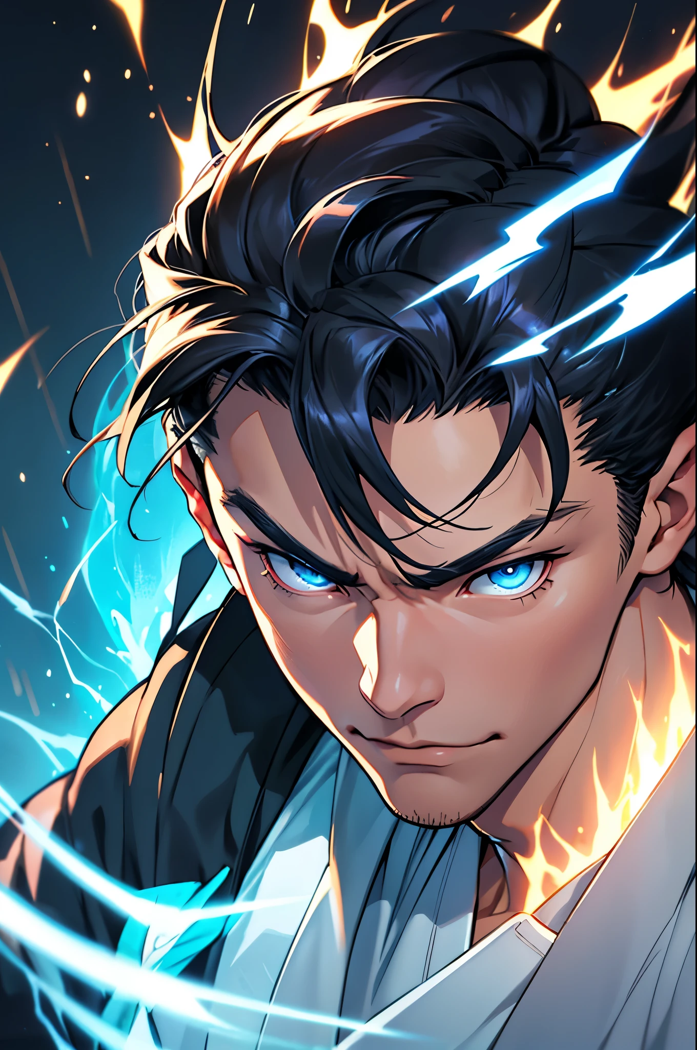 Create a detailed close-up portrait of Takumi Sato (Raijin). He has a square, defined face with high cheekbones and a strong jawline. His light golden skin, smooth texture, and sharp, marked facial features are complemented by his electric blue eyes, glowing with stormy energy. His wild, disordered black hair, with occasional sparks dancing through it, adds to his intense appearance. Add a subtle aura of electric, stormy energy with a bright blue light around him to emphasize his connection with Raijin