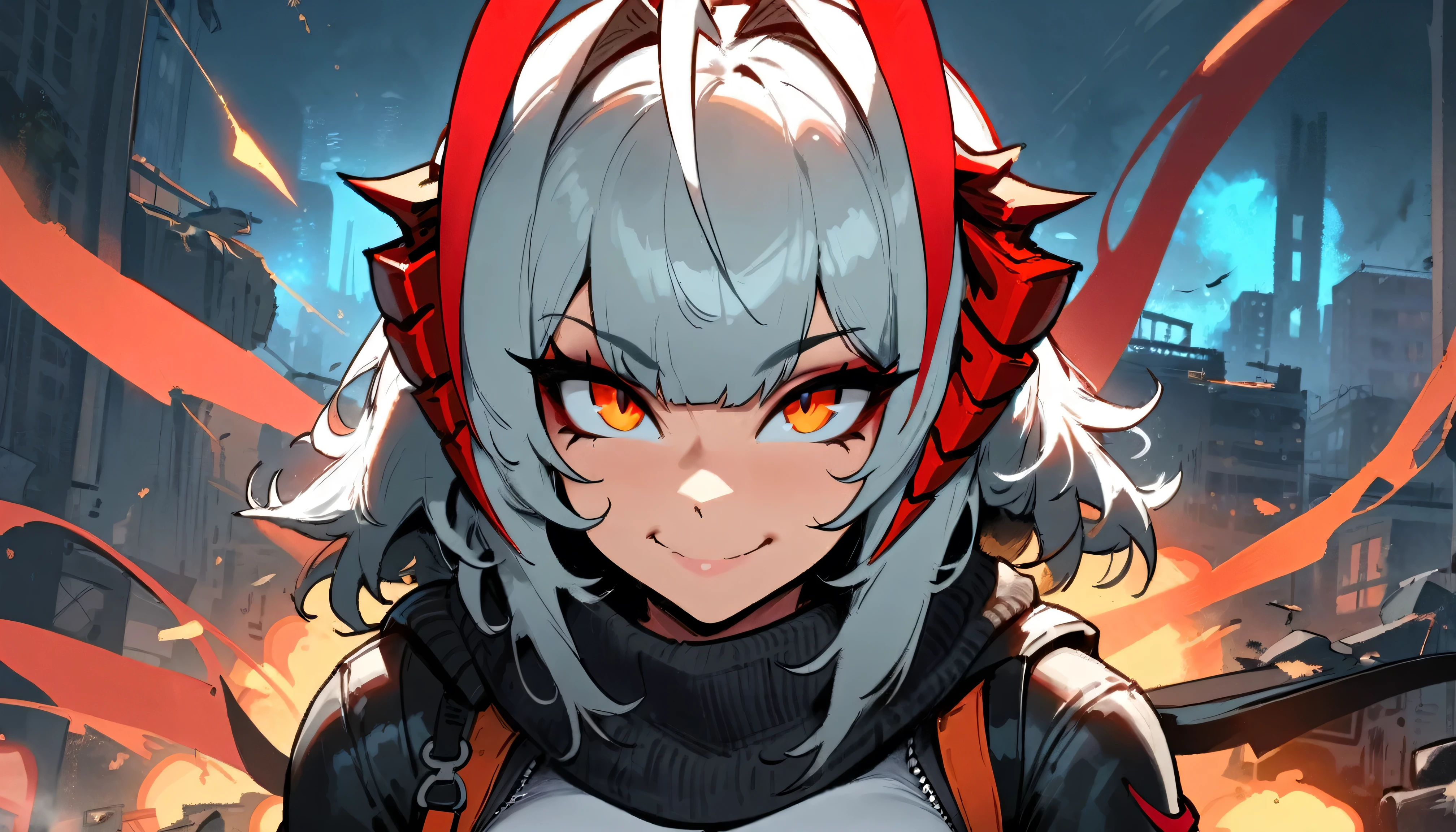 1girl, W \(arknights\), arknights \\\\\ masterpiece, best quality, very aesthetic, absurdres, newest \\\\\\ slim body,///// ,by nyantcha,cutesexyrobutts , by khyle,,////// ,,solo,smile , , ,,detailed face, , ,crazy , , portrait, wallpaper, , beautiful face, ruins, sexy, , orange eyes, explosion in the background, city, kaboom!, scarf