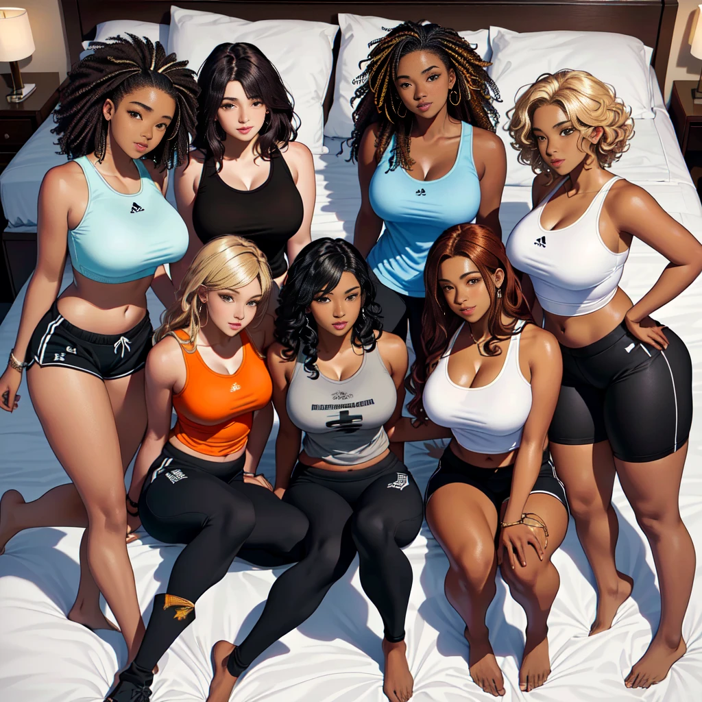 (A single black man laying on his back, in-bed wearing shorts, in-center of composition) A diverse group of five young adult Americans, representing different ethnicities and characteristics, wearing yoga-pants and tank-tops, displays their unique beauty with perfect bodies, large breasts, wide thicc-hips, Among them, there are blonde young adult girls with auburn hair, emanating an air of natural elegance. Brown young adult girls with silky locks and a captivating sheen show off their exotic beauty. Also present are black young adult girls with stunning curly hair, highlighting their authenticity and cultural pride, (the women surround a singular BLACK MAN with short-hair, from all sides) (in a bed) the women kiss the singular Black Man, touch the singular Black man, masterpiece, high details, high quality, best quality.