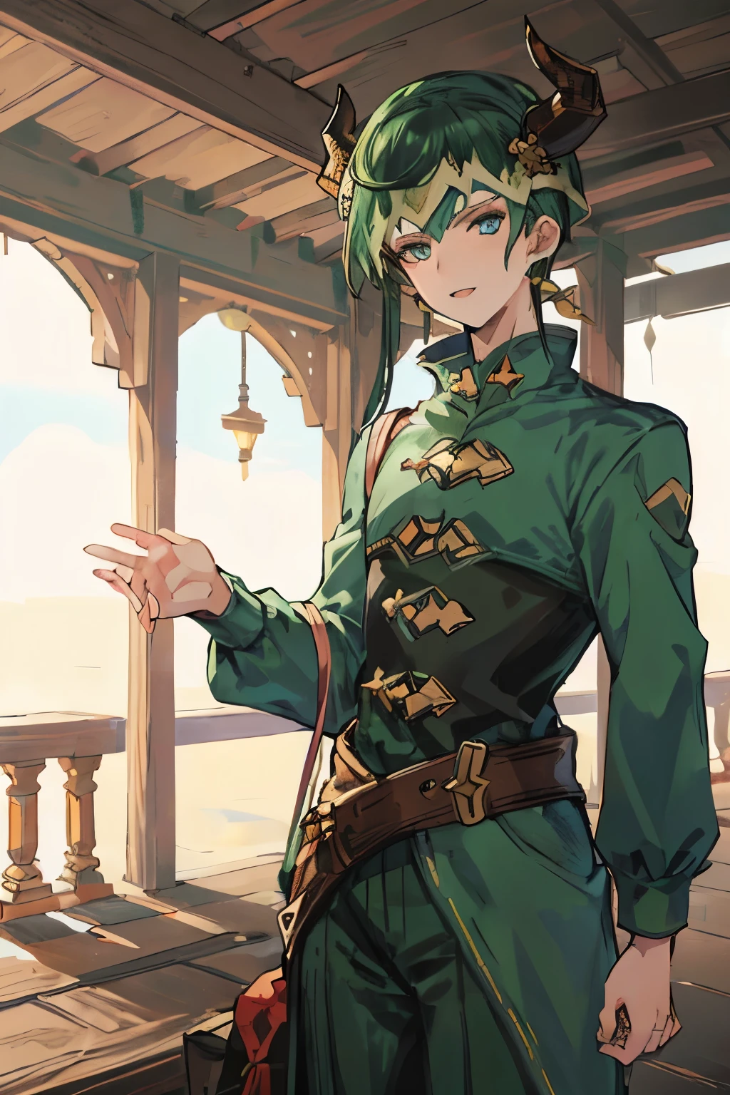 Masterpiece, Best Quality, Ultra-Detailed, 1man, solo, s0fth0rns, horns, black horns, ((Kishibe Rohan:1.0)), Rohan Kishibe, deep eyes, brilliant eyes, very beautiful eyes, high fantasy clothes, high fantasy social clothes, greenish clothes, green clothes, looking at you, happy expression, granblue fantasy style clothes, granblue fantasy clothes style, high fantasy castle background, high fantasy clothes