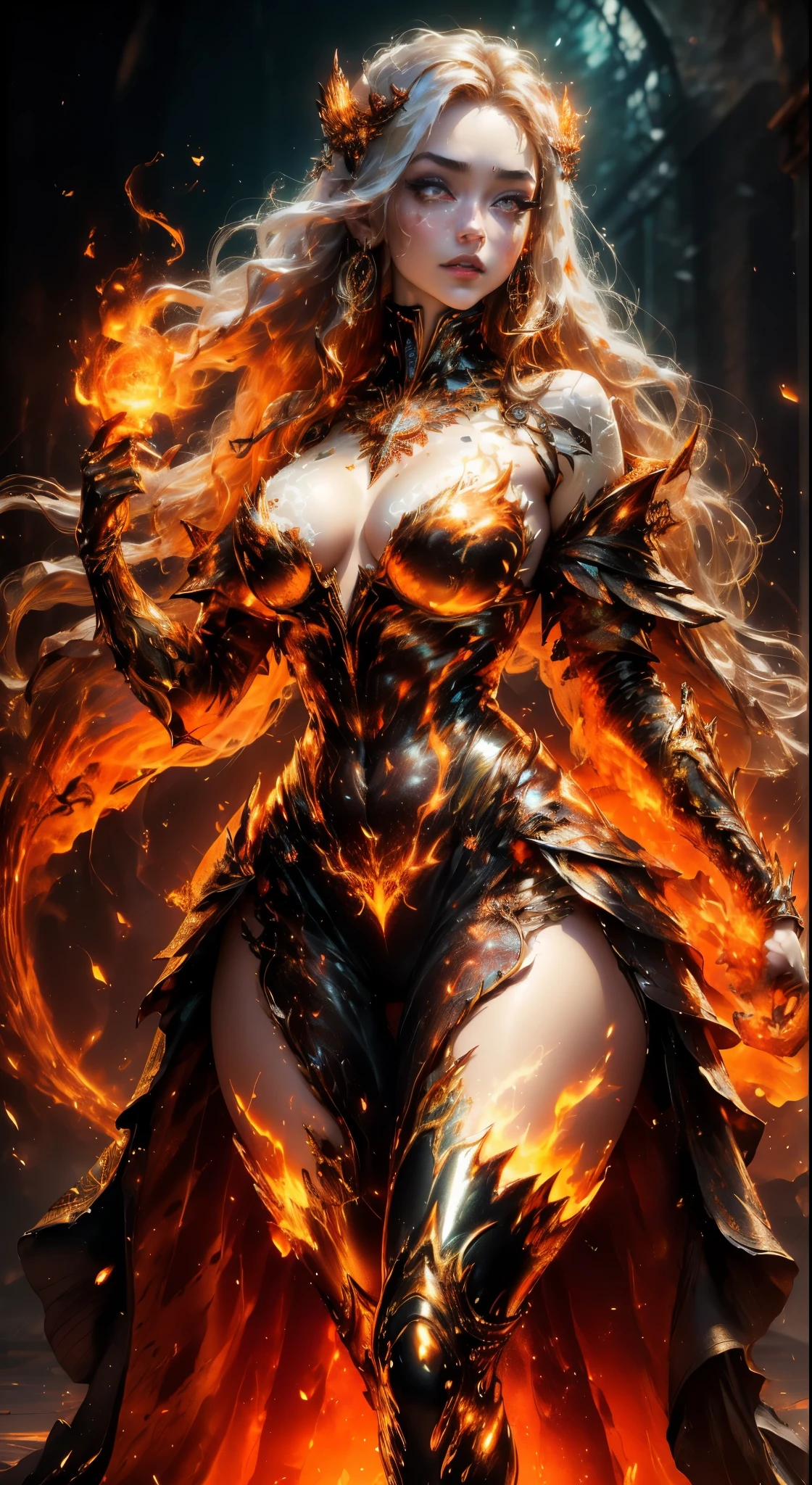 masterpiece, best quality, (extremely detailed CG unity 8k wallpaper, masterpiece, best quality, ultra-detailed, best shadow), (detailed background), (beautiful detailed face, beautiful detailed eyes), High contrast, (best illumination, an extremely delicate and beautiful),1girl,((colourful paint splashes on transparent background, dulux,)), ((caustic)), dynamic angle,beautiful detailed glow,full body, blood splash on face. , realistic anime 3 d style, 8k.ultra8k.best.gteatest.This is a realistic fantasy artwork prominently featuring realistic fire, including wisps of flames, glowing hot embers, subtle curls of smoke, and a beautiful fire druid. The druid stands in the midst of a raging inferno with an interesting composition. Her face is expertly sculpted, with elegant and refined features and perfect shading and realistic skin texture. Her (orange and gold eyes) are stunning and are the focal point of this image. (Her eyes extremely detailed, beautiful detailed eyes, and macro). Her eyes feature intricate detailing with clearly defined irises and bright sclera. Her soft lips are smooth and very puffy, and her skin is adorned with a light flush and ornate fire detailing. Her long gown is stunning and expensive, and is made of pure flames and glittering, ornate jewels that glimmer in the fire light. Her billowing gown glitters from the flames and features a delicately and intricately embroidered bodice with wisps of flames running across it. Include fantasy elements like bumps, stones, fiery iridescence, glowing embers, silk, and an interesting background. Include fiery magical creatures such as fiery birds and fiery butterflies that give off a magical and mystical aura. Lighting: Utilize the latest trends in lighting to enhance the artwork's beauty. Camera: Utilize dynamic composition to create a sense of urgency and excitement. Take inspiration from the current masters of the fantasy genre, including trending artists on Artstation and Midjourney. ((masterpiece))